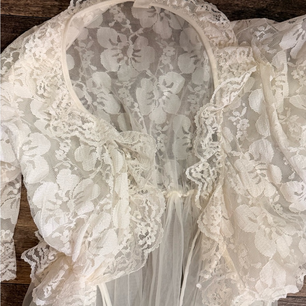 Vintage Cinema Etoile Lace Peignoir Robe & Nightgown Set Ivory Bridal S/M - Picture 13 of 13